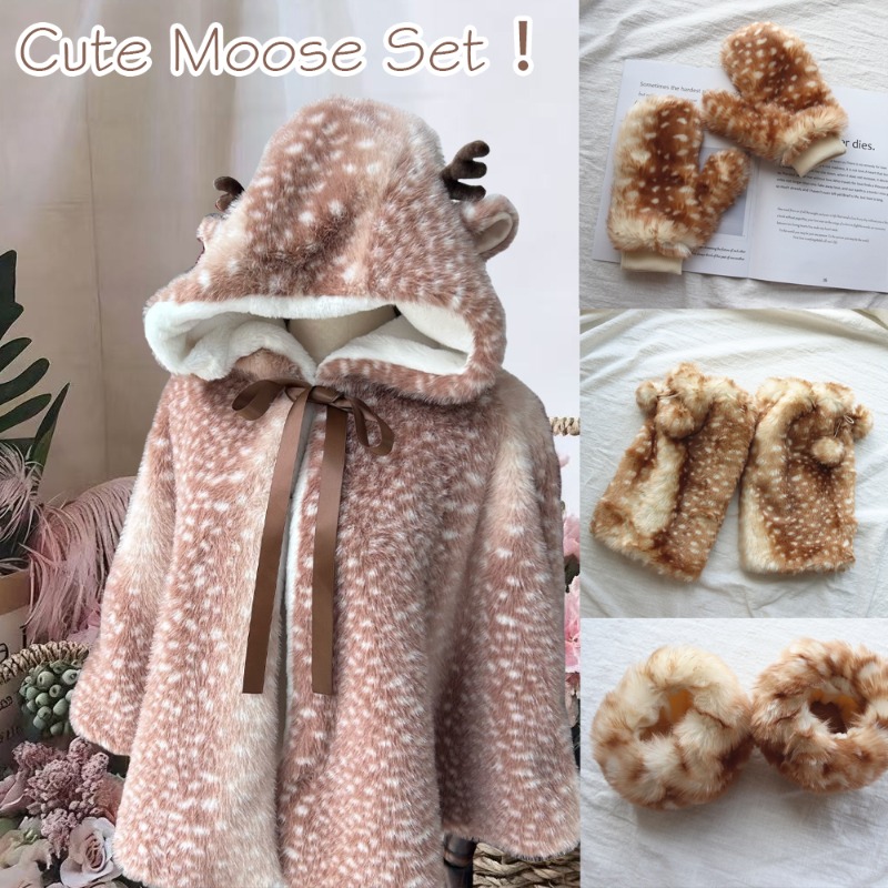 Winter Clothing Items - เสื้อคลุมกันลมลายกวางน่ารักสไตล์ญี่ปุ่นสำหรับผู้หญิงช่วงฤดูหนาว ผ้าพลัฌพิมพ์ลายจุดคริสต์มาส หนานุ่ม อบอุ่น สไตล์คาวาอี้