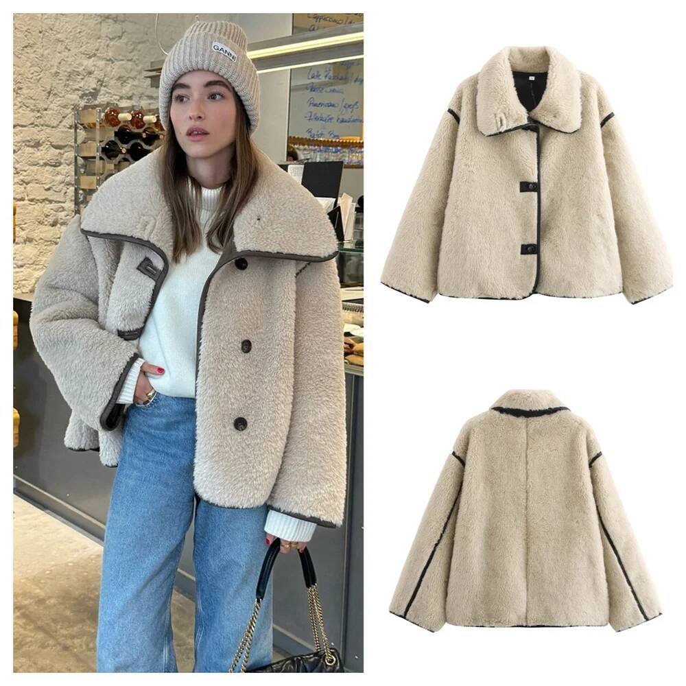 Winter Clothing Taiwan - เสื้อแจ็คเก็ตขนแกะเทียม คอปกพับ สไตล์ลำลอง หลวม อุ่น สำหรับผู้หญิง