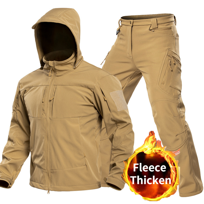 Winter Clothing Items - ชุดเสื้อผ้าซอฟต์เชลล์สำหรับผู้ชายแบบยุทธวิธีกลางแจ้ง พร้อมฮู้ด แจ็คเก็ตซิปเต็มตัว กางเกงคาร์โก้ กันลม ชุดหลายกระเป๋าสำหรับการล่าสัตว์