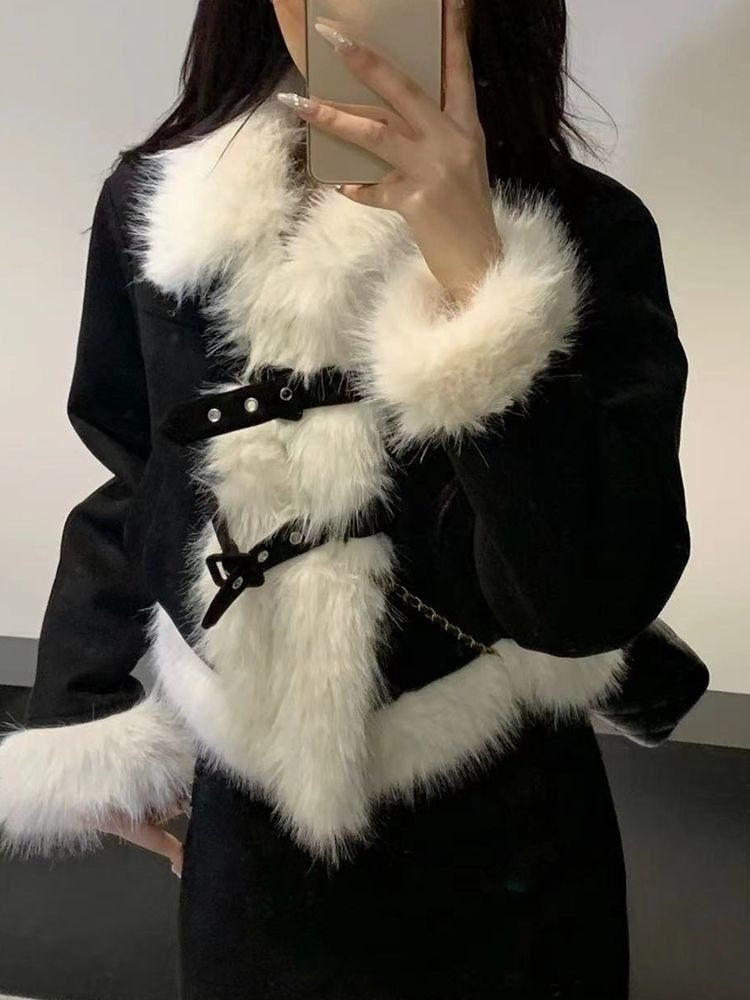 Winter Clothing Essentials - ชุดเซ็ตสไตล์วินเทจเกาหลี ดีไซน์อบอุ่น สำหรับผู้หญิง เสื้อโค้ทคอขนเฟอร์เทียมสุดหรู + กระโปรงสั้น