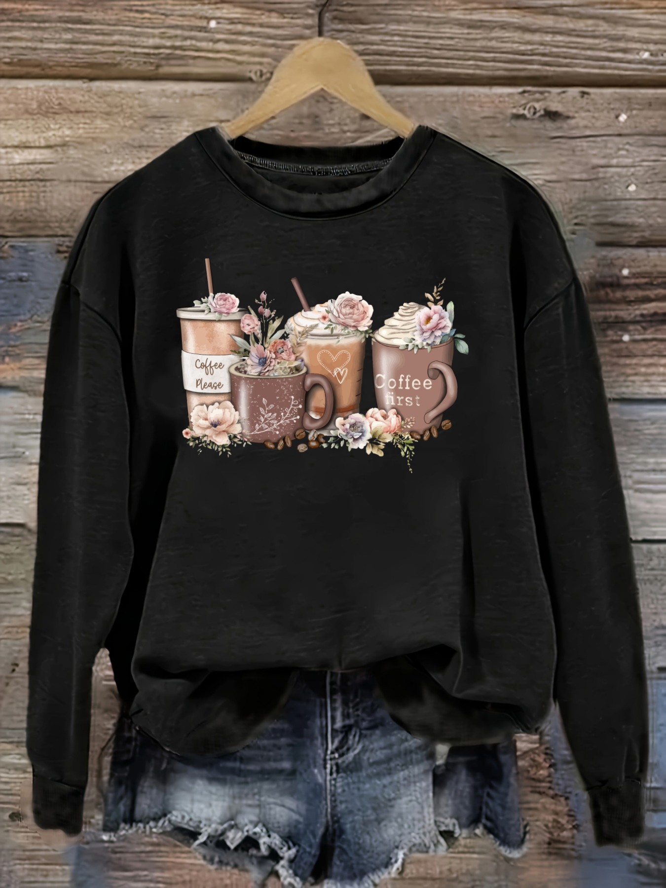 Winter Clothing Usa - เสื้อยืดแขนยาวคอกลมลายดอกไม้และแก้วกาแฟสำหรับผู้หญิง, เสื้อผ้าผู้หญิงคอกลม, ซักเครื่องได้, ยืดหยุ่นเล็กน้อย, ทรงหลวม, เสื้อยืดผู้หญิงสำหรับฤดูใบไม้ผลิ