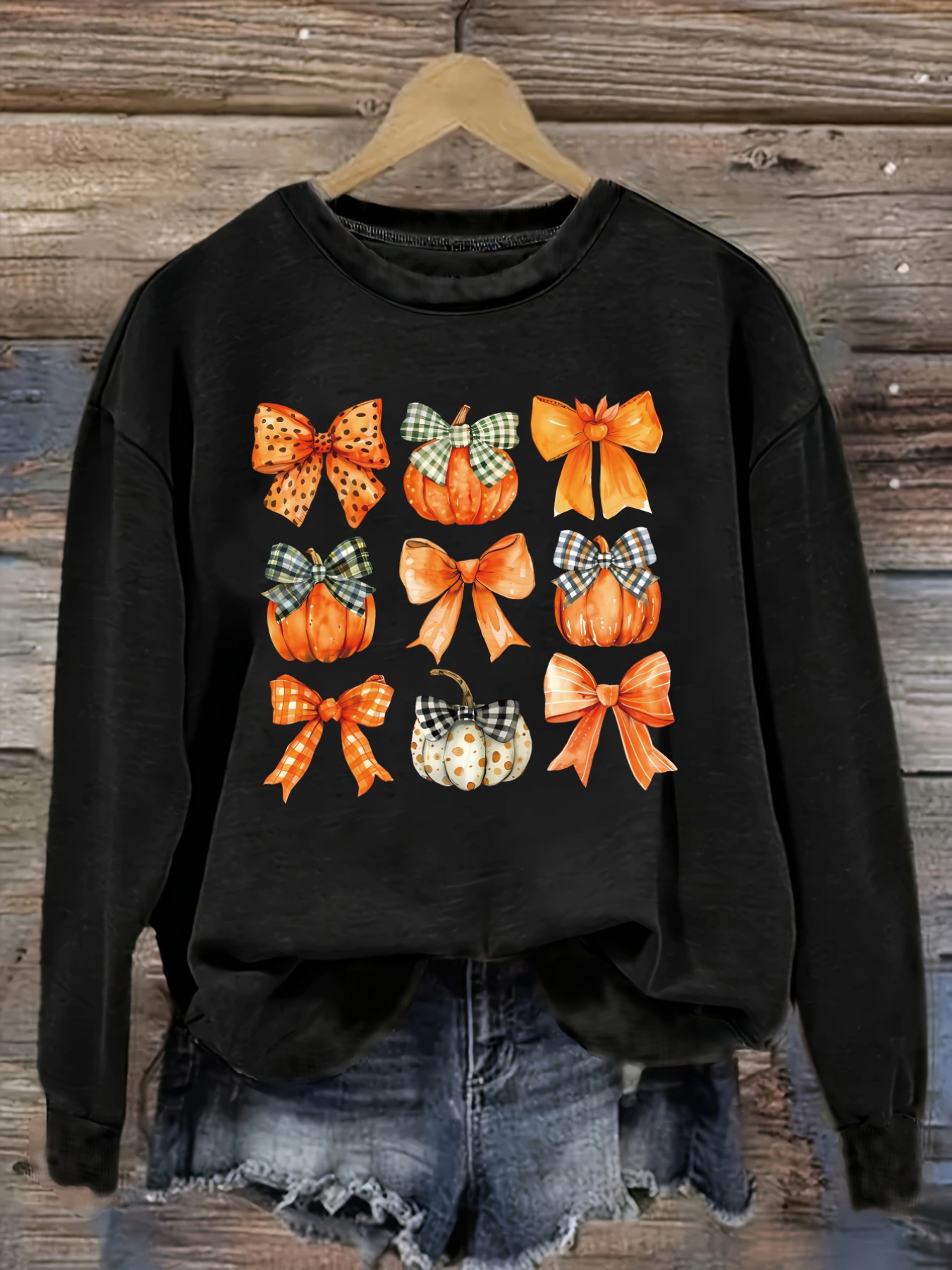 Winter Clothing Usa - เสื้อยืดแขนยาวคอกลมลำลองสำหรับผู้หญิง ลายพิมพ์ฟักทองและโบว์ เสื้อผ้าผู้หญิงคอกลม ซักเครื่องได้ ยืดหยุ่นเล็กน้อย ทรงหลวม