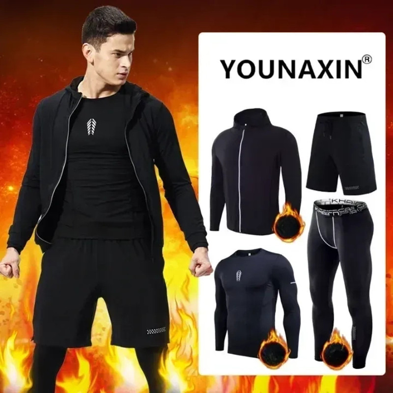 Winter Clothing Usa - ชุดออกกำลังกายผู้ชาย 4 ชิ้น ชุดกันหนาว ผ้ารัดรูป ยืดหยุ่น