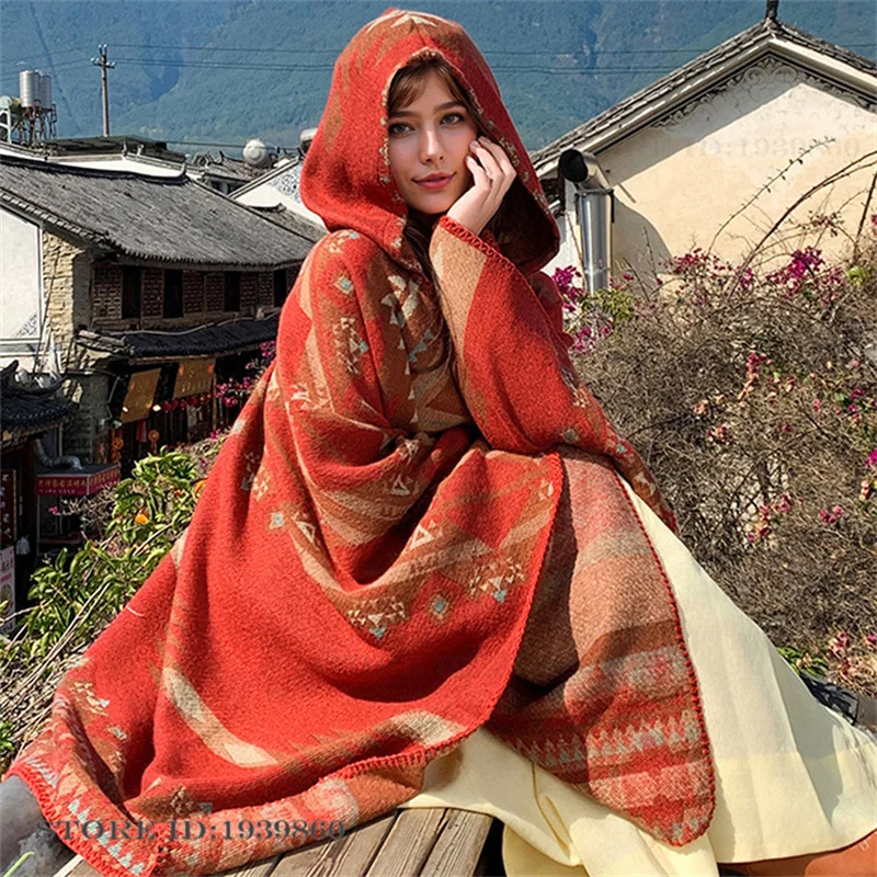 Winter Clothing Essentials - ผ้าคลุมไหล่แบบมีฮู้ด ผ้าพันคอ อุ่นสบาย เสื้อคลุมท่องเที่ยวแบบใหม่ แจ็คเก็ตพิมพ์ลายแจ็คการ์ด เสื้อคลุมโปงโชสำหรับผู้ใหญ่