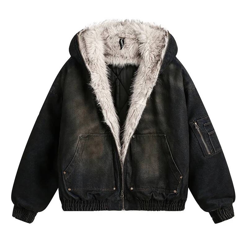 Winter Clothing Taiwan - เสื้อแจ็คเก็ตบุนวมผู้ชายแฟชั่นใหม่ผ้าเดนิมมีฮู้ดซิปแบบมีรอยขาดแต่งผ้าแบบแพทช์เวิร์คหลวมๆเสื้อผ้าฤดูหนาวสำหรับผู้ชายมีสไตล์ 06F1986